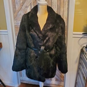 Elegant Vintage Black Rabbit Fur coat with belt.... Jacket made by GDT